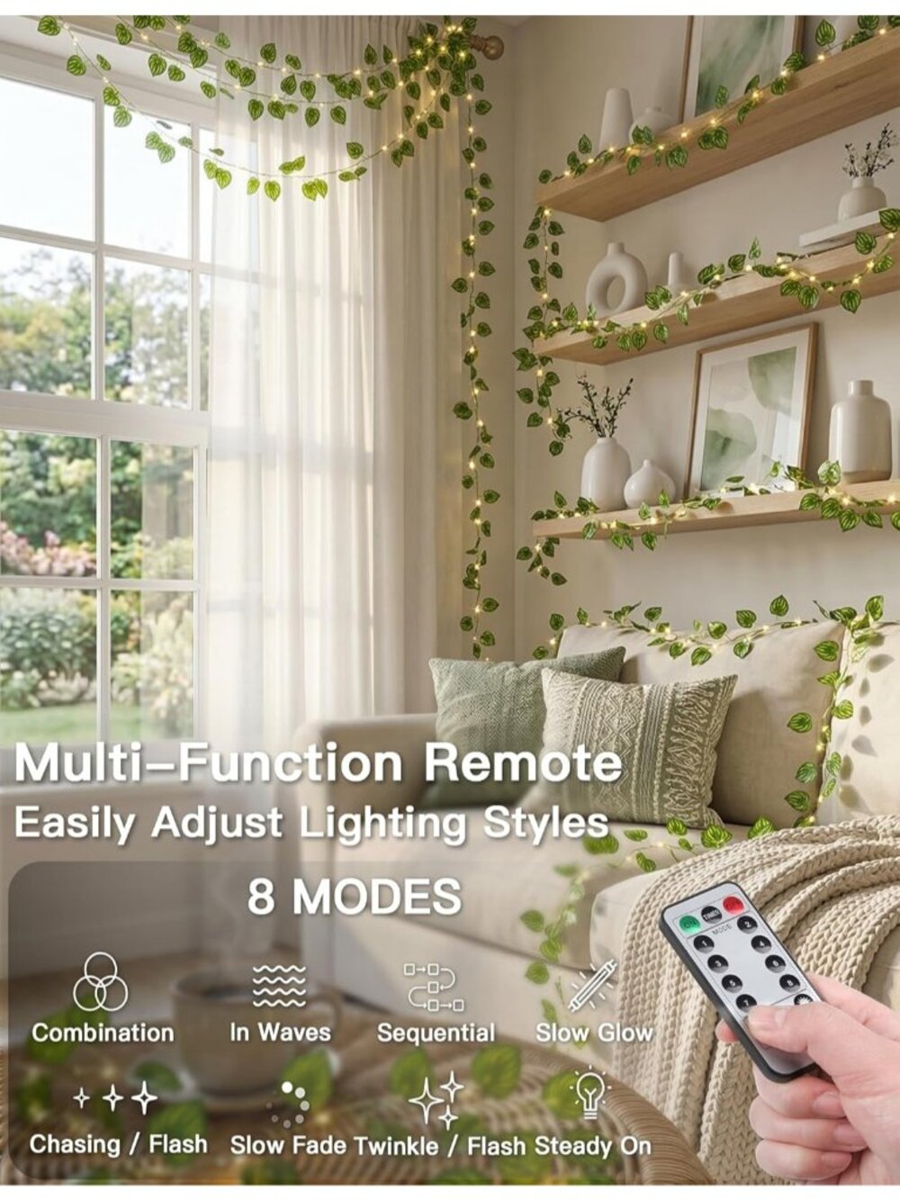 New 33ft 100 LED Watermelon Leaf Fairy Lights with Remote USB Battery Vine Decor - Picture 3 of 7